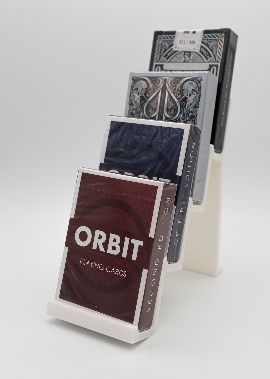 Card deck display stand step shelf
