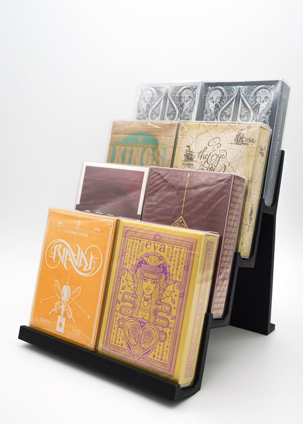 Card deck display stand step shelf