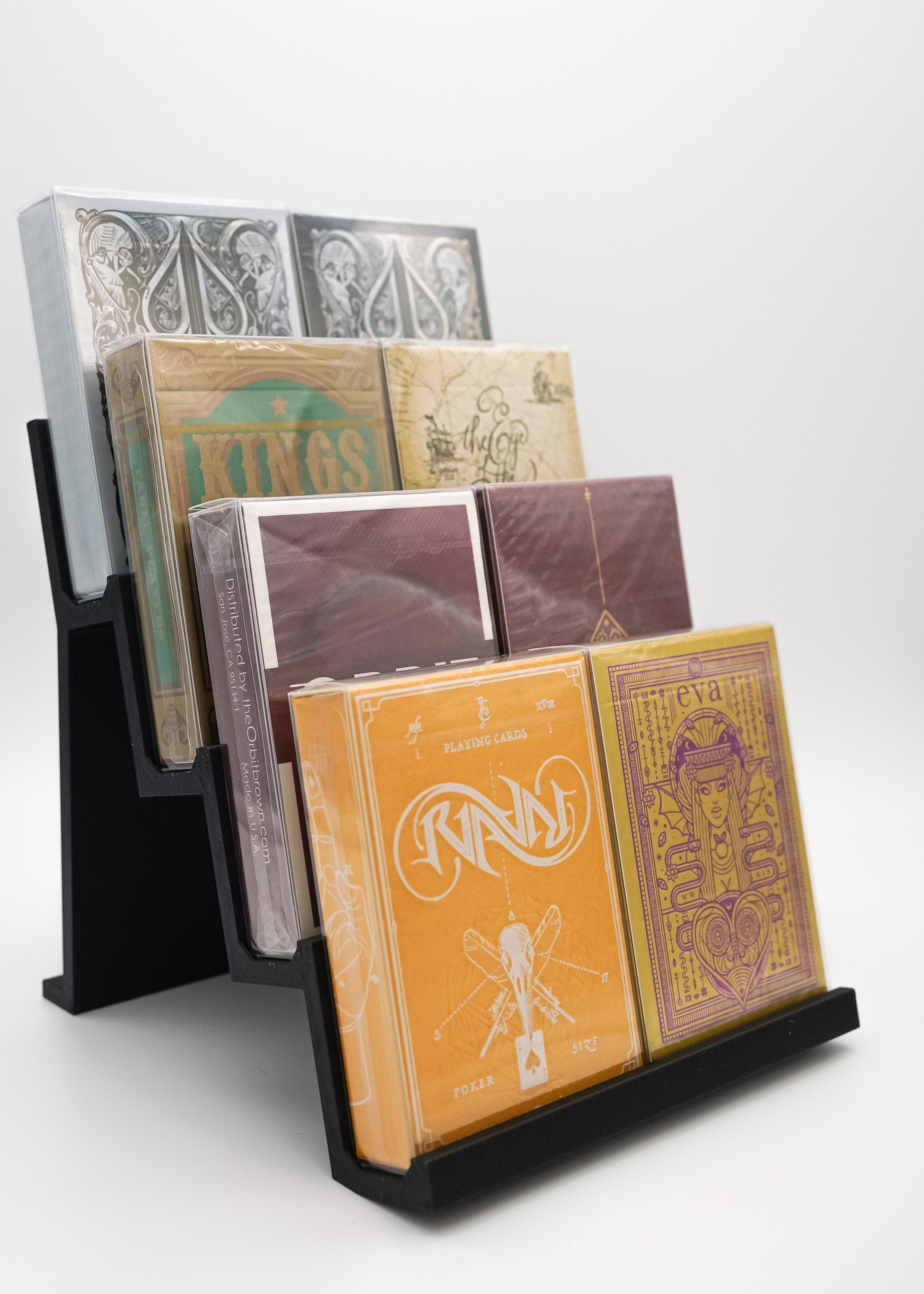 Card deck display stand step shelf