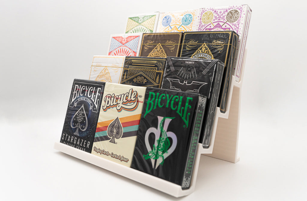 Card deck display stand step shelf