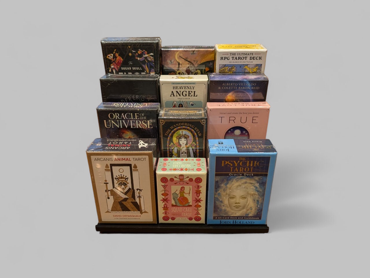 Tarot and Oracle Card Display Stand | Tiered Step Shelf Organizer for Thick Indie Decks & Boxed Sets | Altar Storage Rack